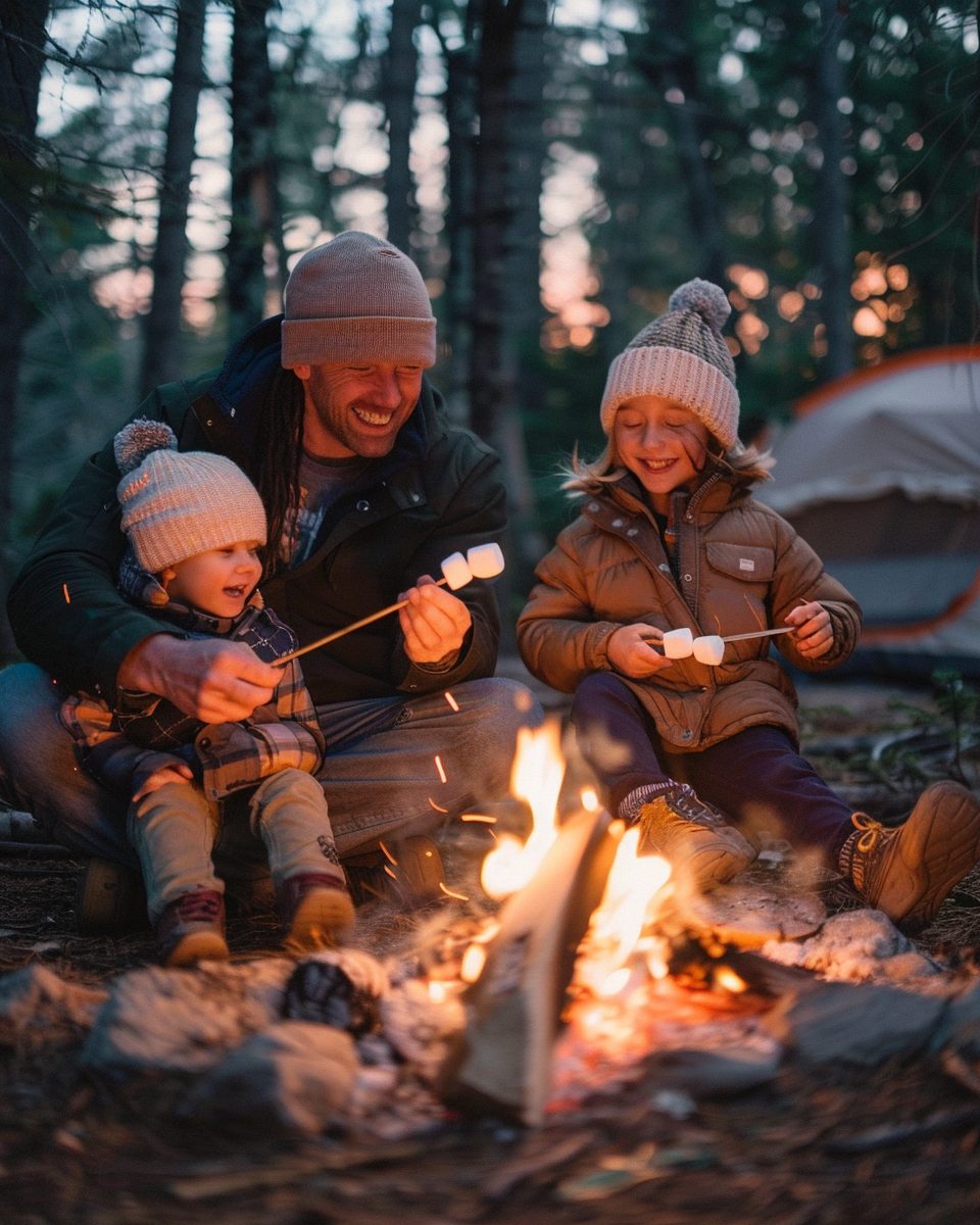 Dad and daughters making s'mores around a campfire